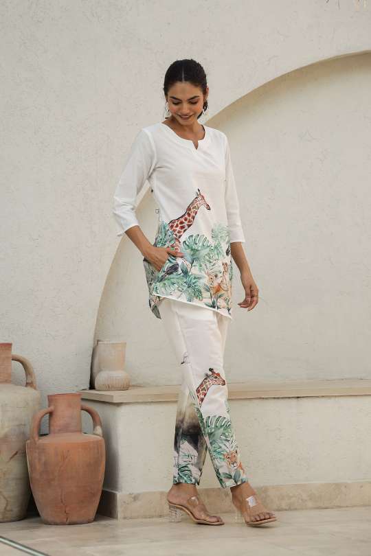 White Jungle Safari Co-Ord Set for Women – Animal Print Loungewear