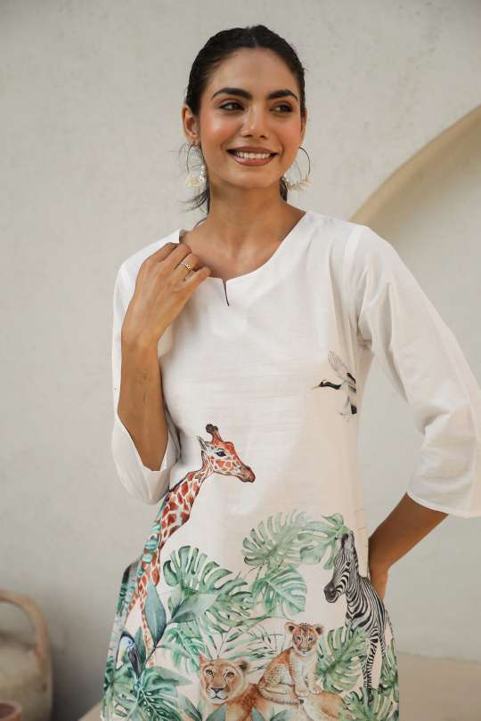 White Jungle Safari Co-Ord Set for Women – Animal Print Loungewear