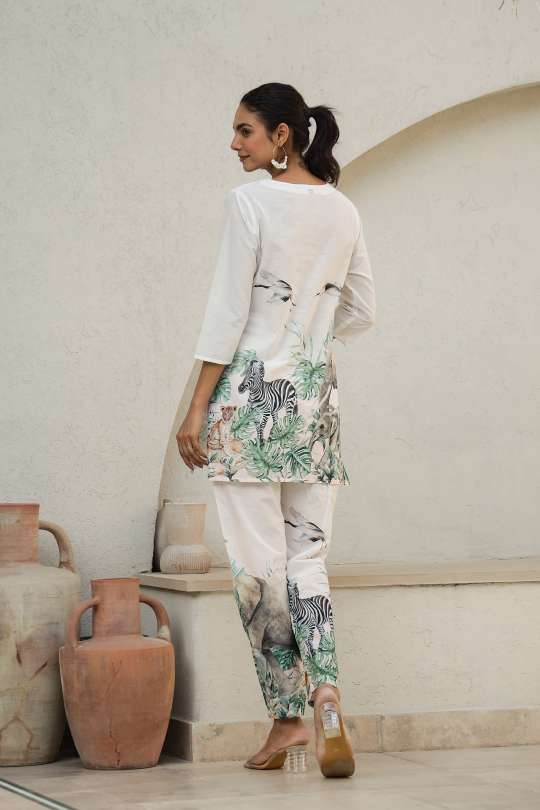 White Jungle Safari Co-Ord Set for Women – Animal Print Loungewear