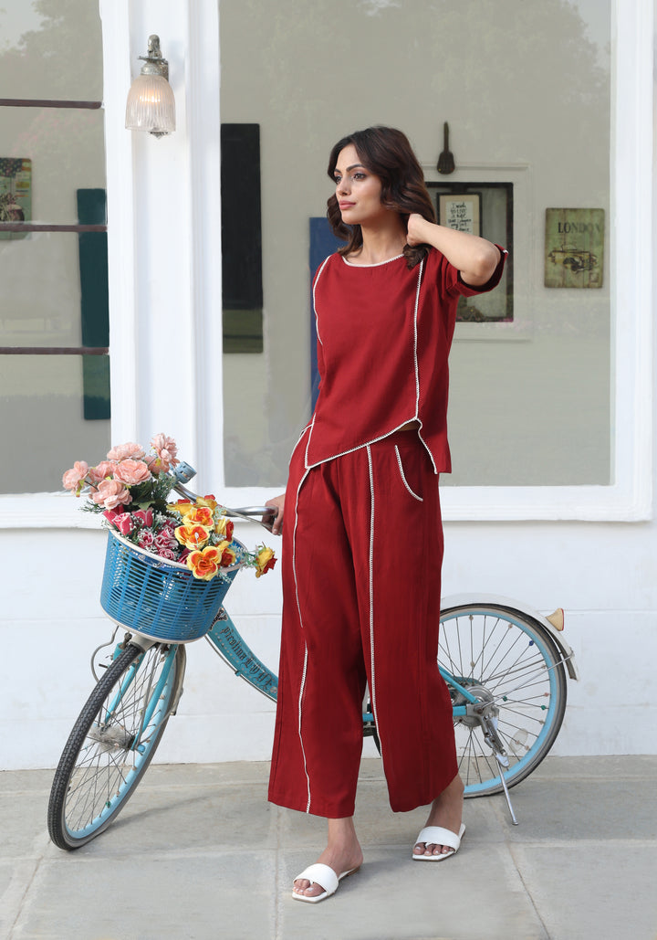 Chic Maroon Co-ord Set with Contrast Piping – Smart & Stylish