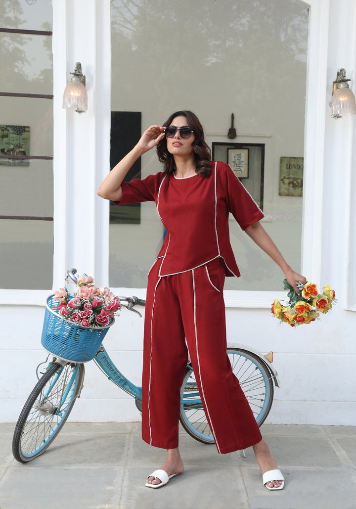 Chic Maroon Co-ord Set with Contrast Piping – Smart & Stylish