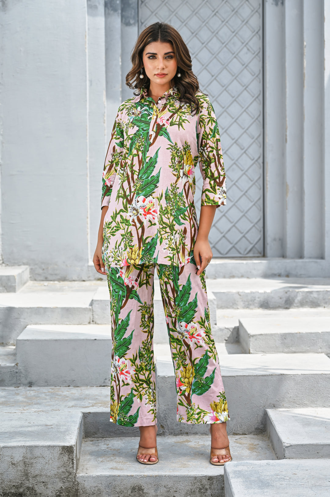 Women’s Pink Tropical Floral Print Co-ord Set – Cotton