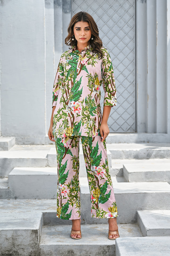Women’s Pink Tropical Floral Print Co-ord Set – Cotton