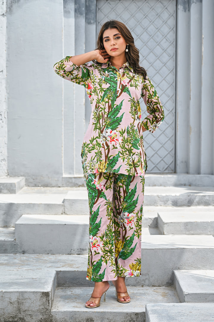 Women’s Pink Tropical Floral Print Co-ord Set – Cotton