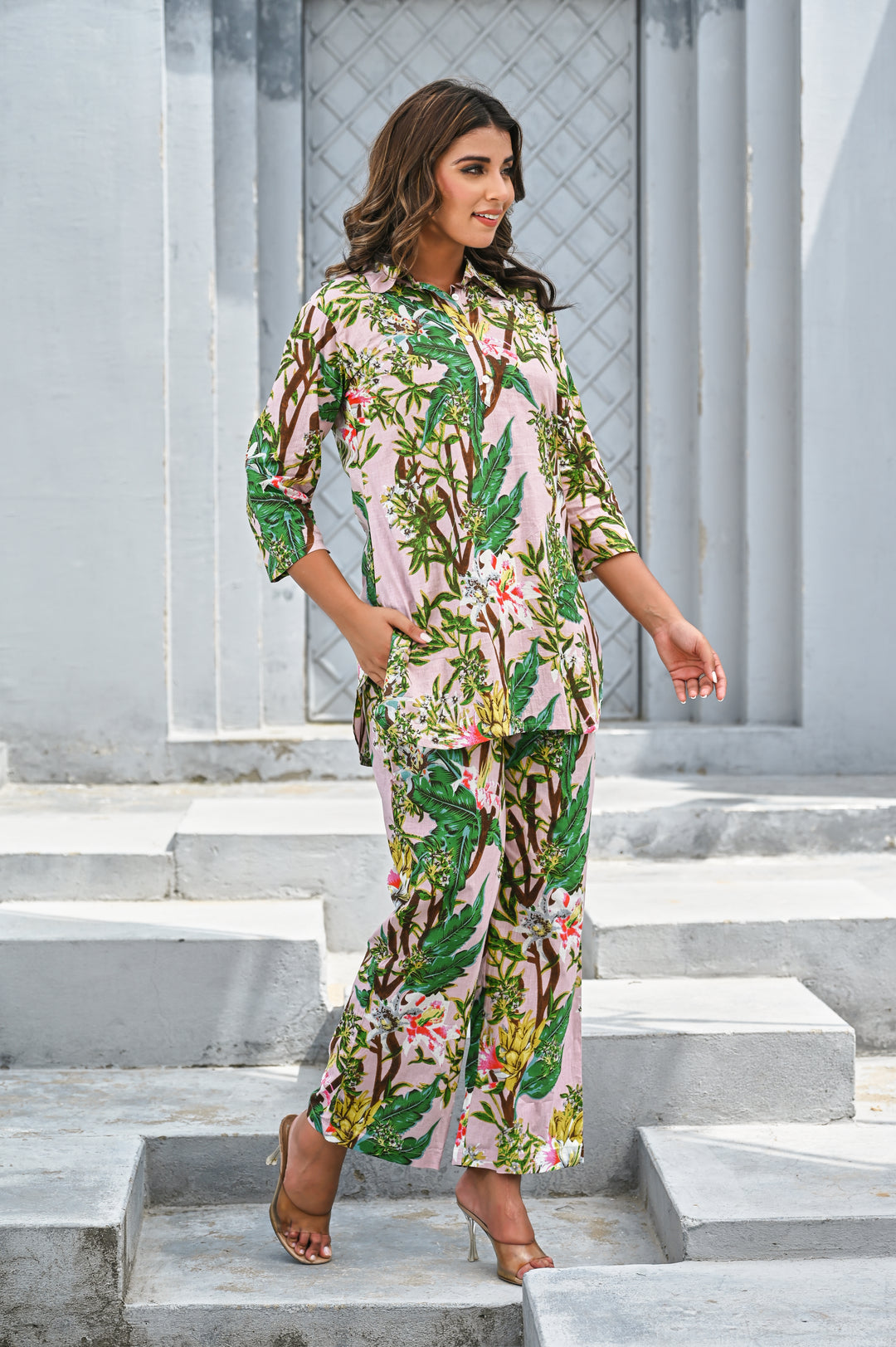Women’s Pink Tropical Floral Print Co-ord Set – Cotton