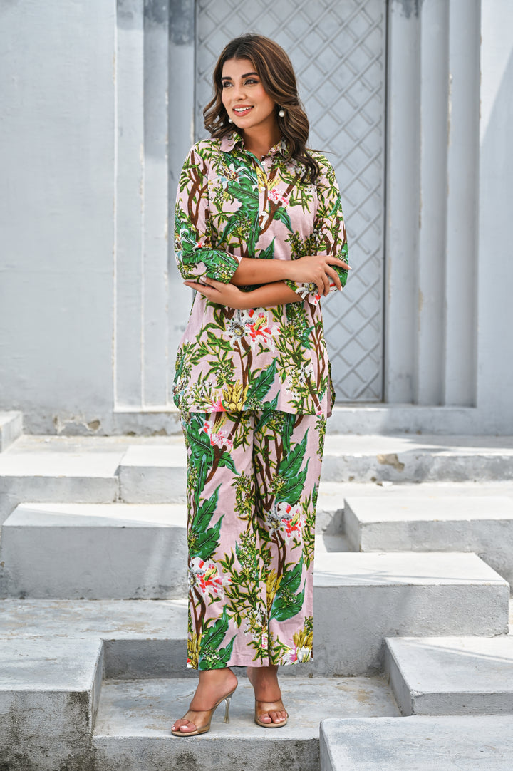 Women’s Pink Tropical Floral Print Co-ord Set – Cotton