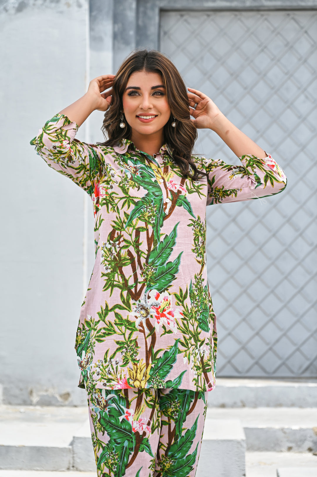 Women’s Pink Tropical Floral Print Co-ord Set – Cotton