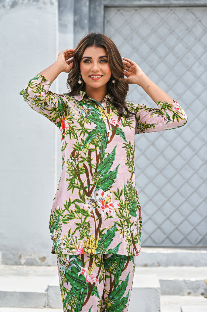 Women’s Pink Tropical Floral Print Co-ord Set – Cotton
