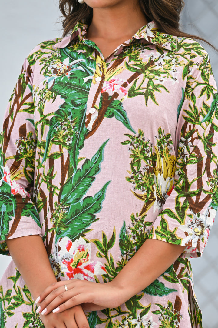 Women’s Pink Tropical Floral Print Co-ord Set – Cotton