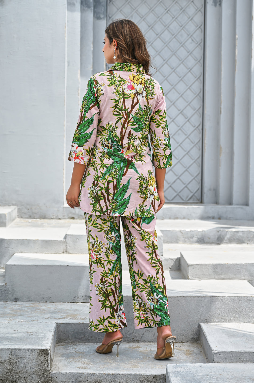 Women’s Pink Tropical Floral Print Co-ord Set – Cotton