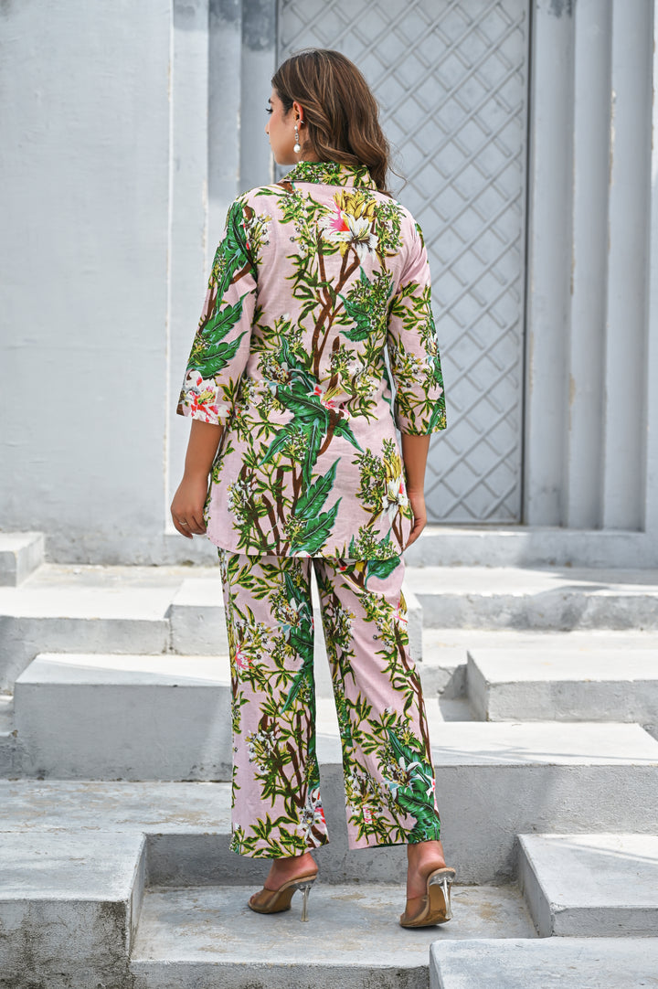 Women’s Pink Tropical Floral Print Co-ord Set – Cotton