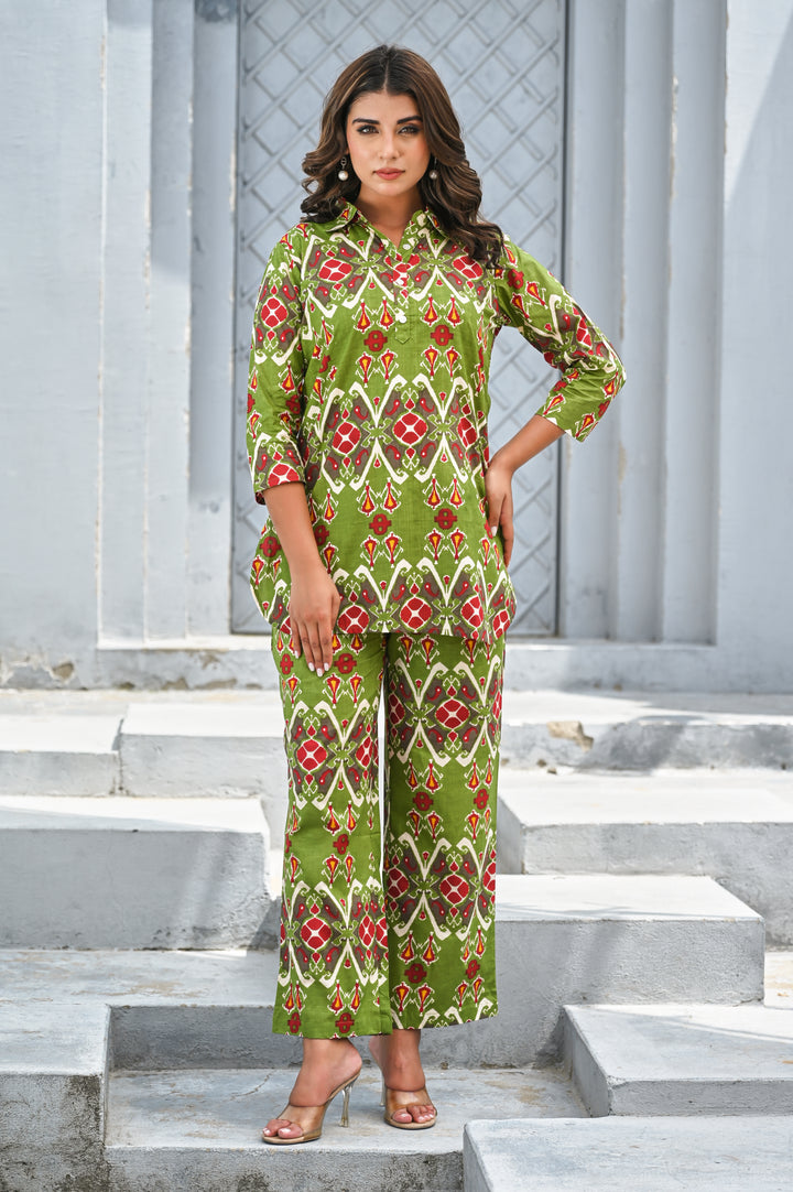 Green Floral Printed Cotton Co-ord Set for Women