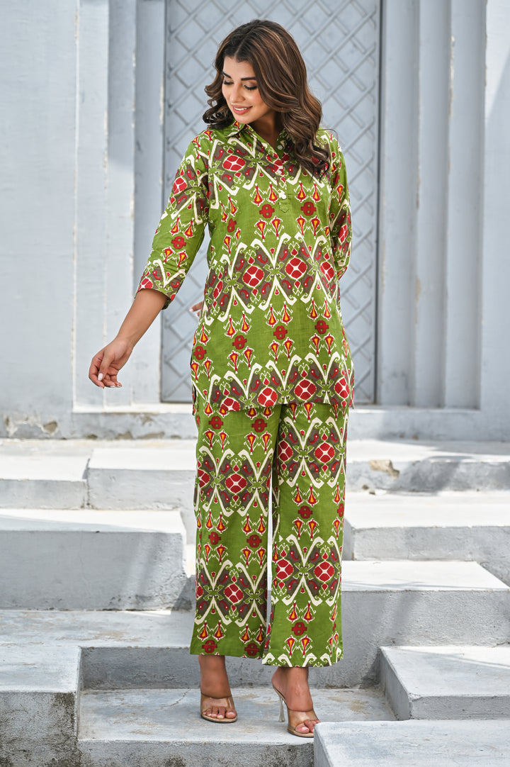 Green Floral Printed Cotton Co-ord Set for Women