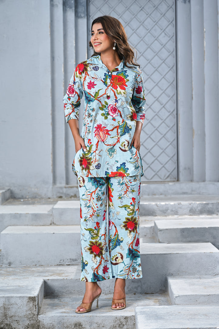 Women’s Sky Blue Floral Print Co-ord Set – Elegant Shirt & Straight Pants