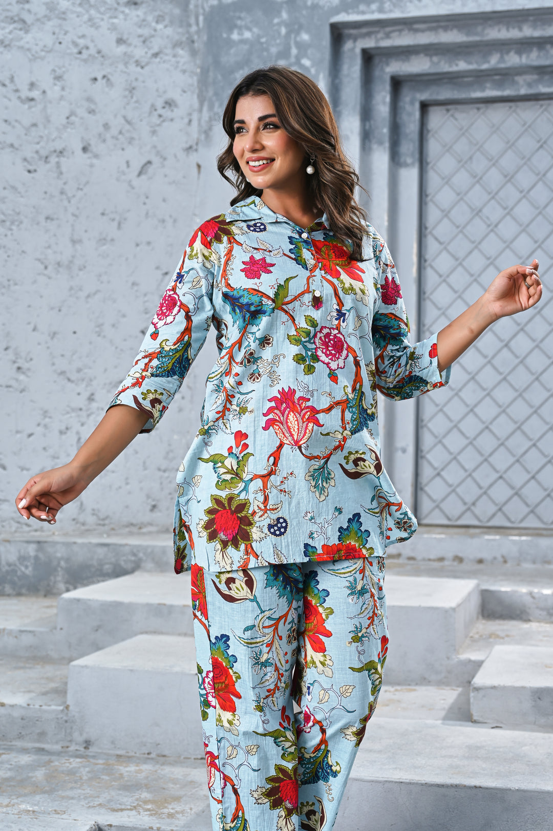 Women’s Sky Blue Floral Print Co-ord Set – Elegant Shirt & Straight Pants