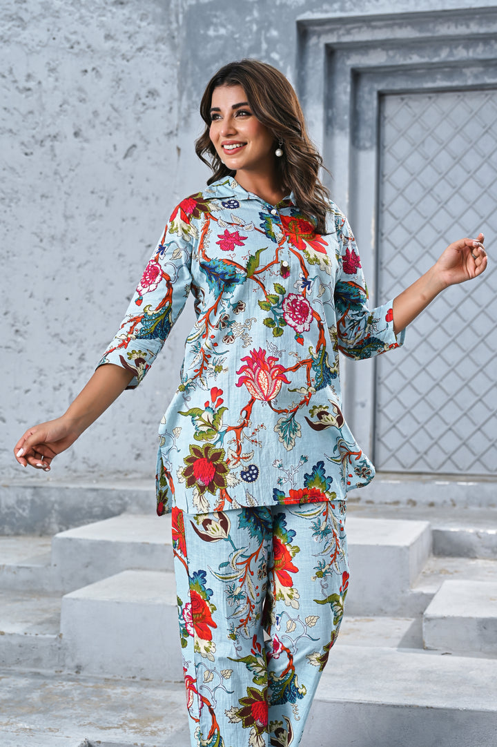 Women’s Sky Blue Floral Print Co-ord Set – Elegant Shirt & Straight Pants