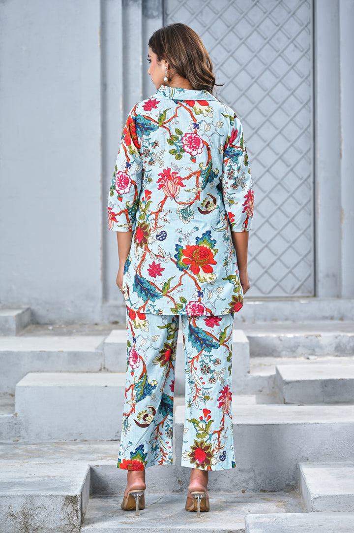 Women’s Sky Blue Floral Print Co-ord Set – Elegant Shirt & Straight Pants