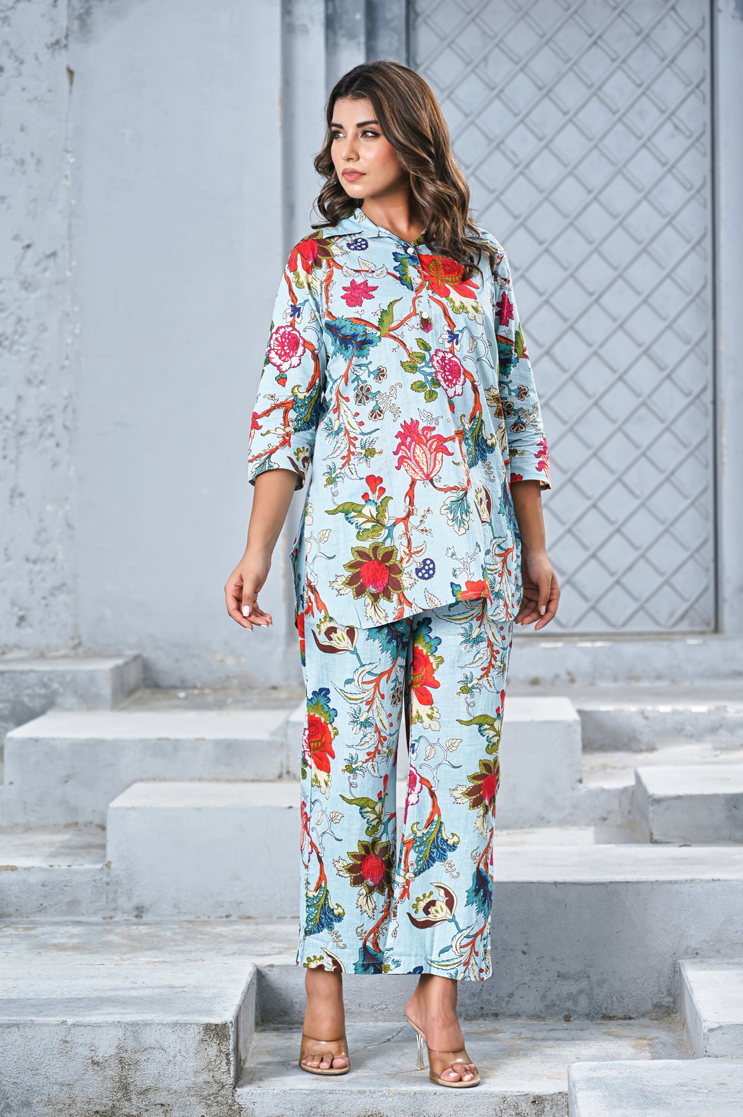 Women’s Sky Blue Floral Print Co-ord Set – Elegant Shirt & Straight Pants
