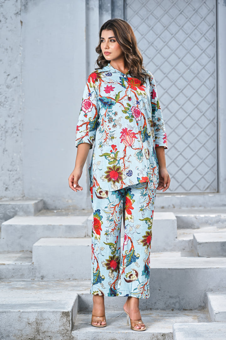 Women’s Sky Blue Floral Print Co-ord Set – Elegant Shirt & Straight Pants