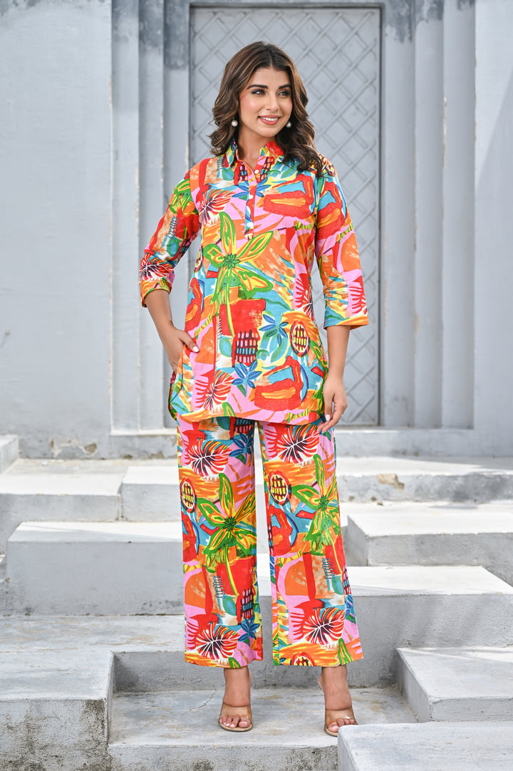 Women’s Multicolor Tropical Print Co-ord Set – Vibrant Shirt & Wide-Leg Pants