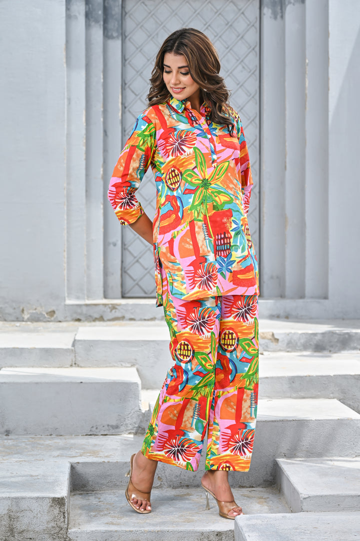 Women’s Multicolor Tropical Print Co-ord Set – Vibrant Shirt & Wide-Leg Pants