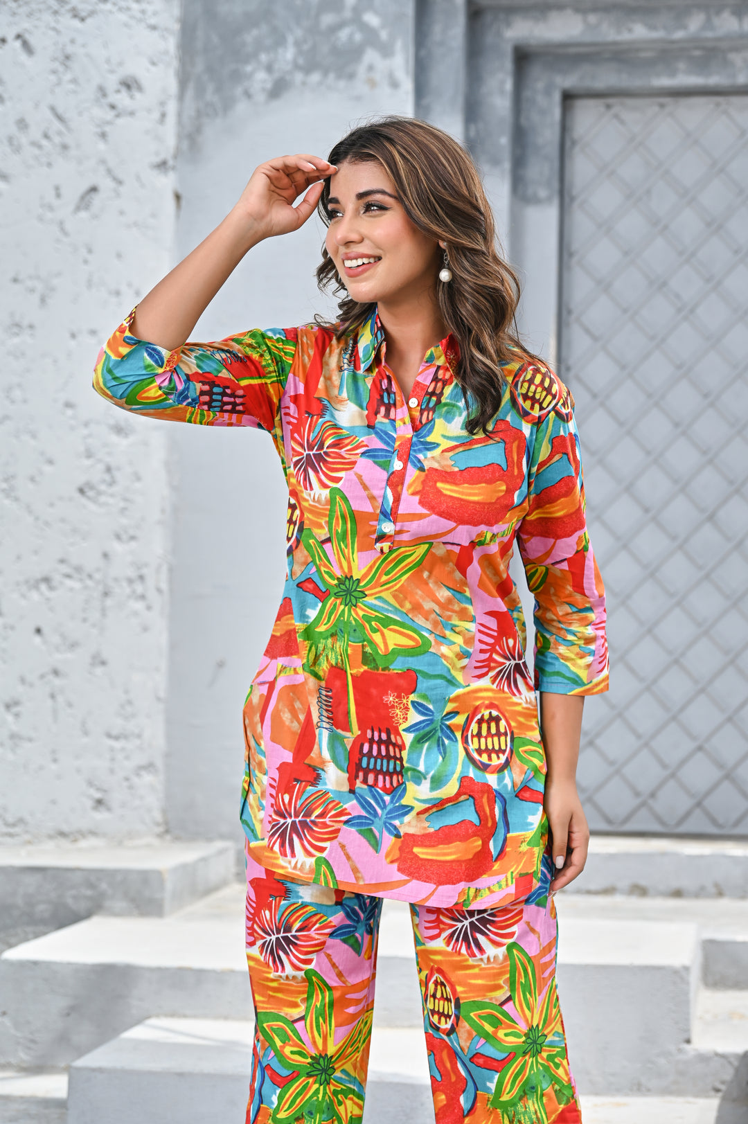 Women’s Multicolor Tropical Print Co-ord Set – Vibrant Shirt & Wide-Leg Pants