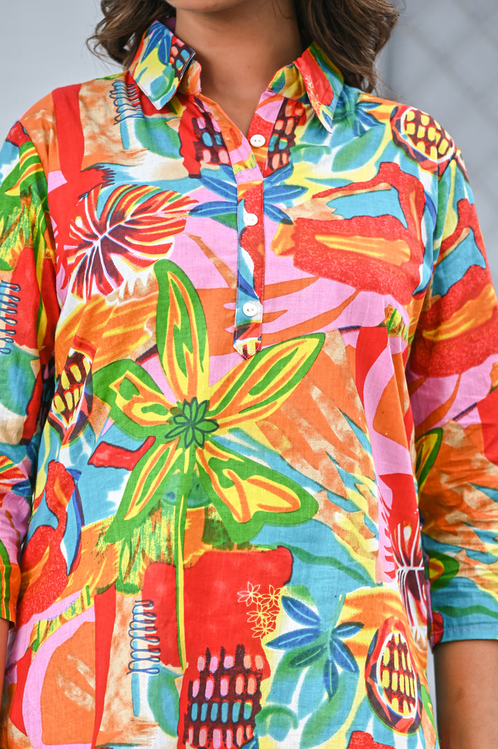 Women’s Multicolor Tropical Print Co-ord Set – Vibrant Shirt & Wide-Leg Pants