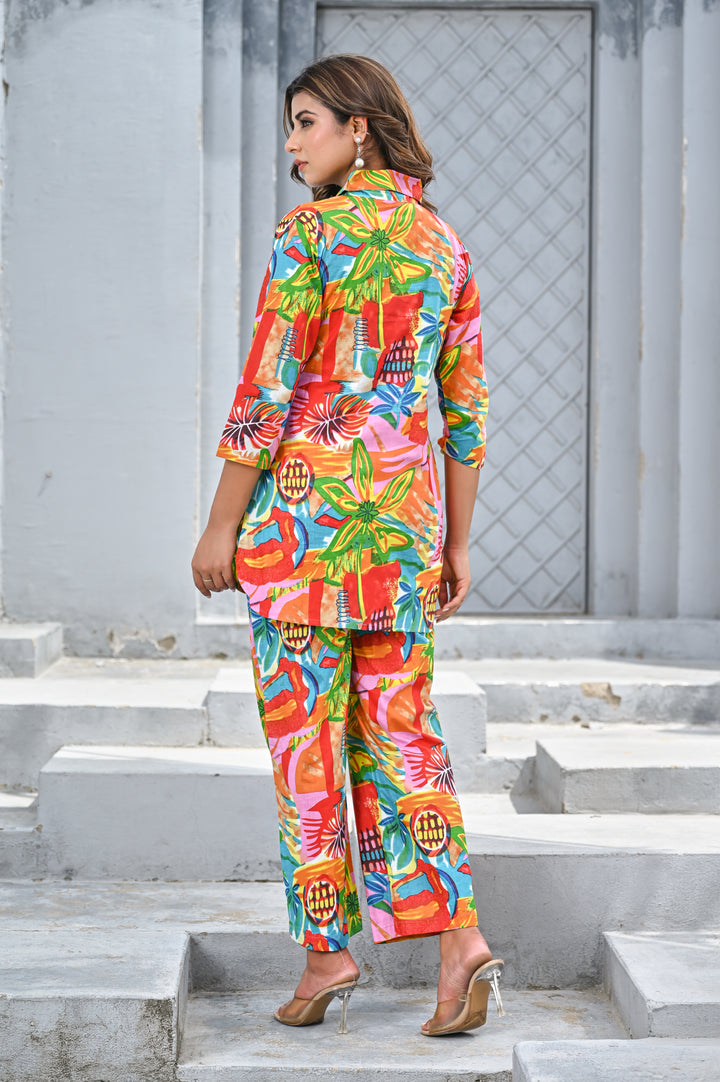 Women’s Multicolor Tropical Print Co-ord Set – Vibrant Shirt & Wide-Leg Pants
