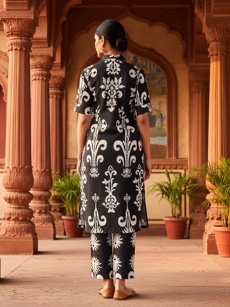 Black & White Floral Print Cotton Co-ord Set