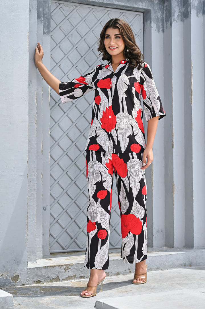 Women’s Black & Red Floral Print Co-ord Set – Relaxed Shirt & Wide-Leg Pants