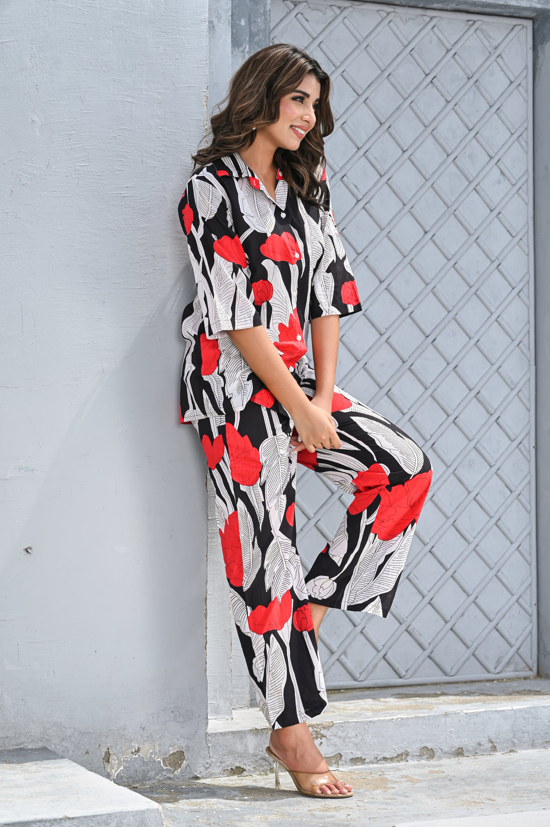 Women’s Black & Red Floral Print Co-ord Set – Relaxed Shirt & Wide-Leg Pants