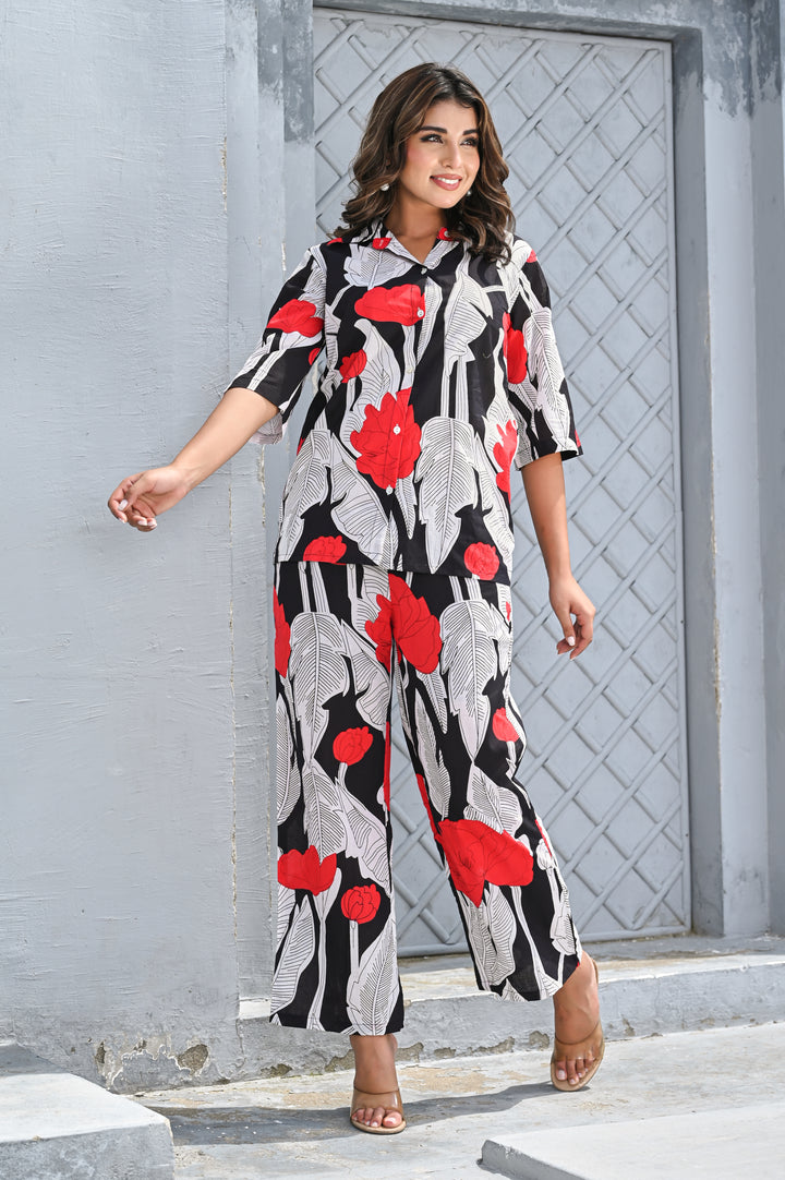 Women’s Black & Red Floral Print Co-ord Set – Relaxed Shirt & Wide-Leg Pants