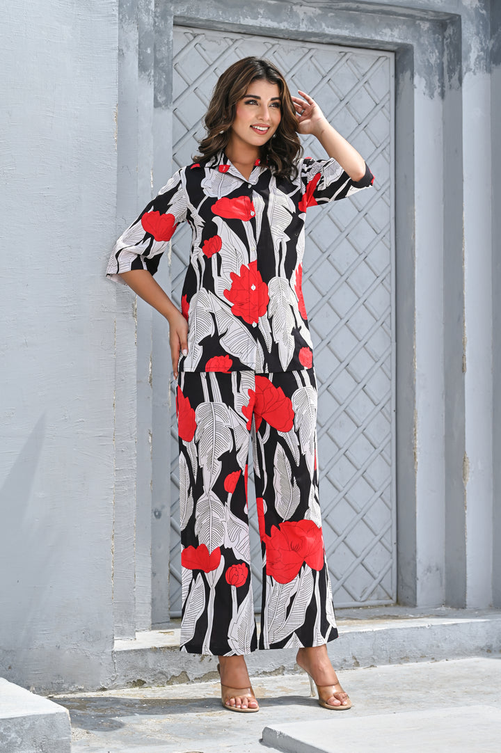 Women’s Black & Red Floral Print Co-ord Set – Relaxed Shirt & Wide-Leg Pants