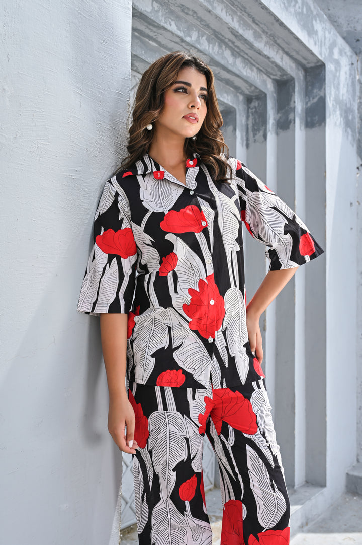 Women’s Black & Red Floral Print Co-ord Set – Relaxed Shirt & Wide-Leg Pants