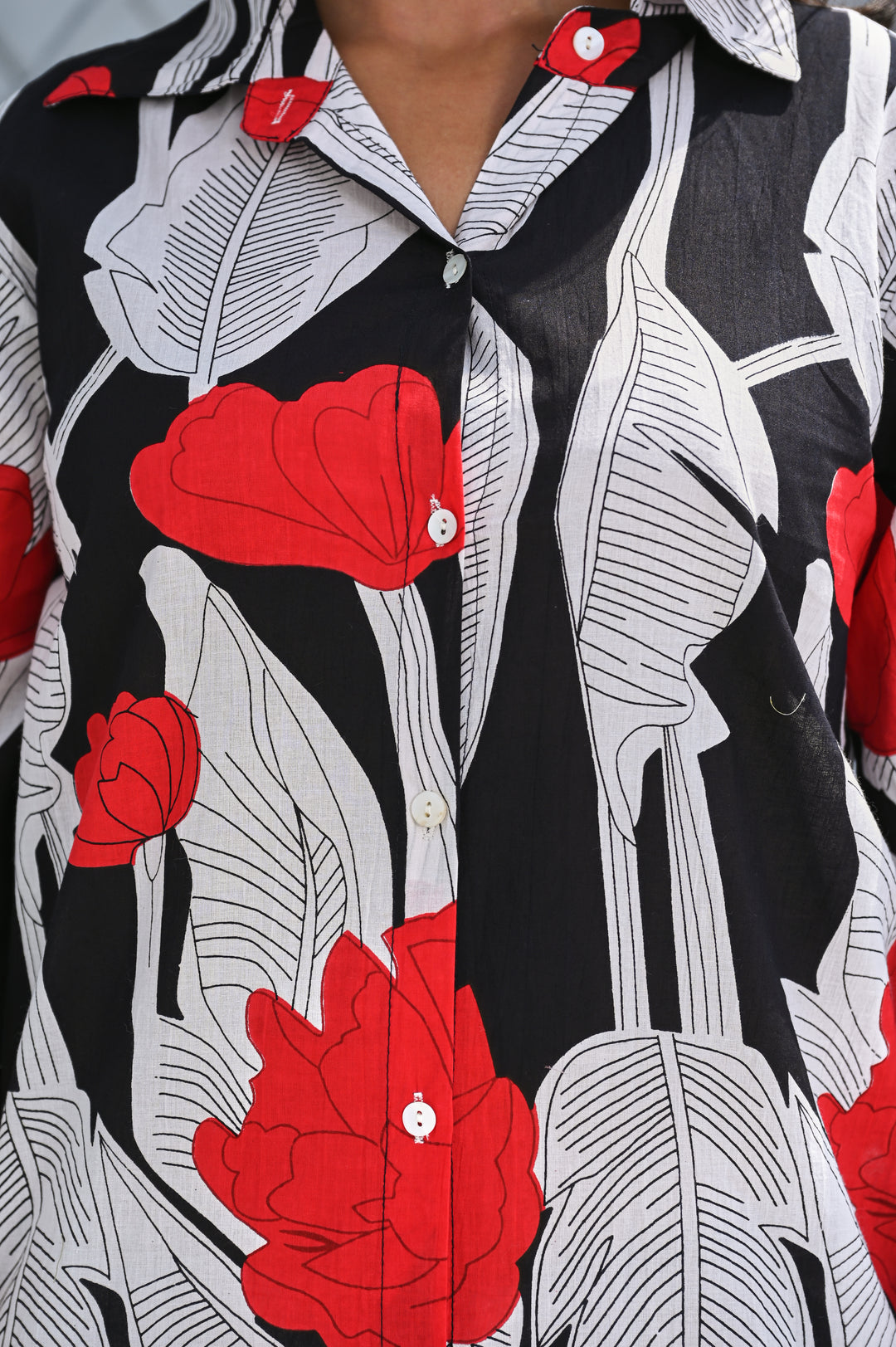 Women’s Black & Red Floral Print Co-ord Set – Relaxed Shirt & Wide-Leg Pants