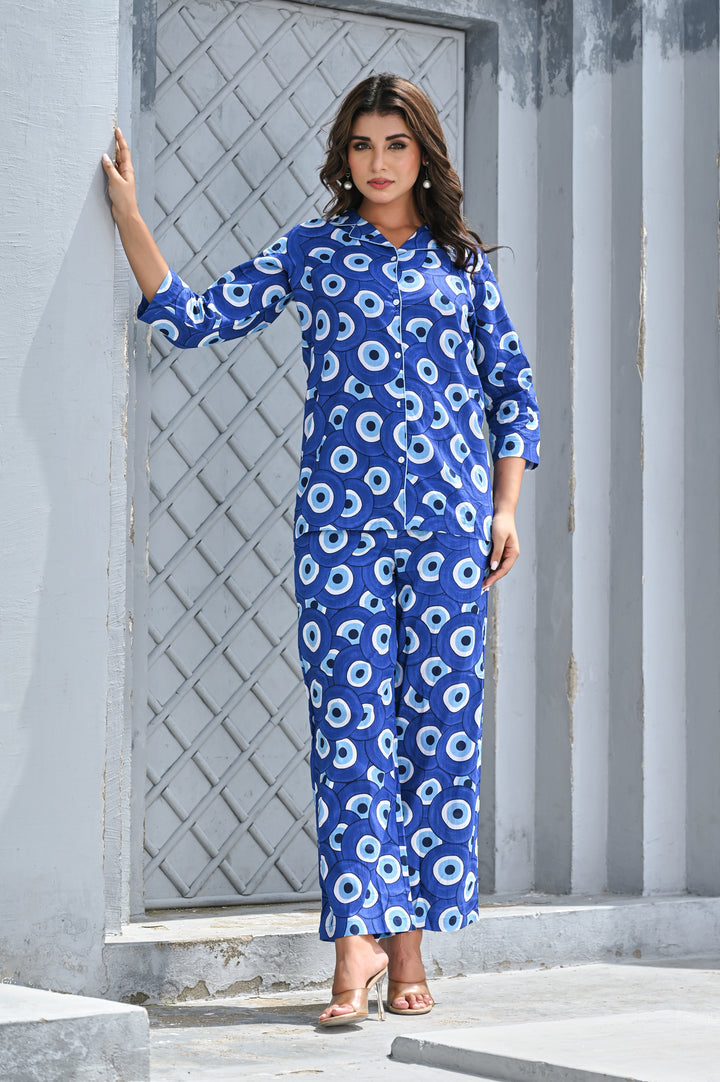 Women’s Blue Geometric Print Co-ord Set – Stylish Button-Down Shirt & Straight Pants