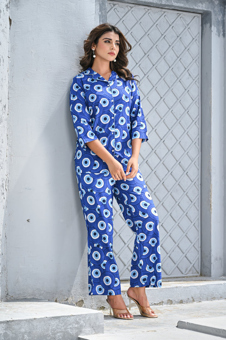 Women’s Blue Geometric Print Co-ord Set – Stylish Button-Down Shirt & Straight Pants