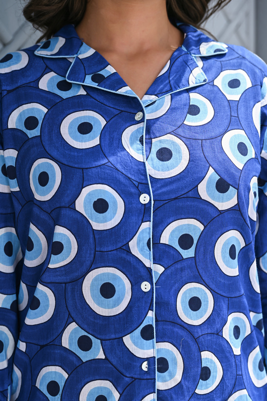 Women’s Blue Geometric Print Co-ord Set – Stylish Button-Down Shirt & Straight Pants