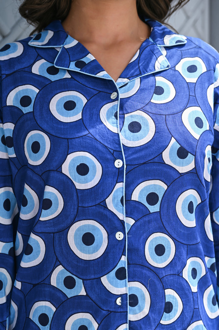 Women’s Blue Geometric Print Co-ord Set – Stylish Button-Down Shirt & Straight Pants