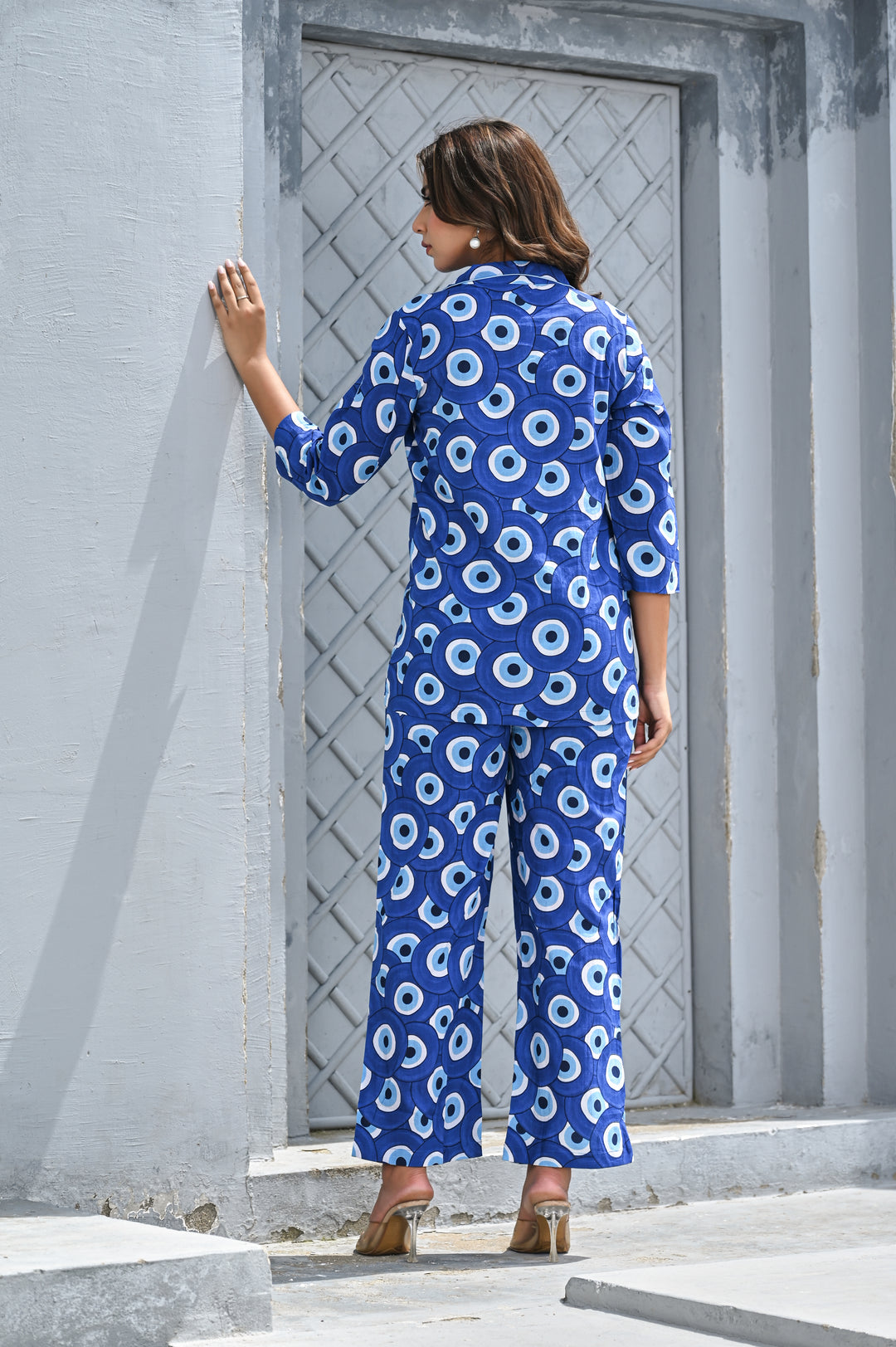 Women’s Blue Geometric Print Co-ord Set – Stylish Button-Down Shirt & Straight Pants