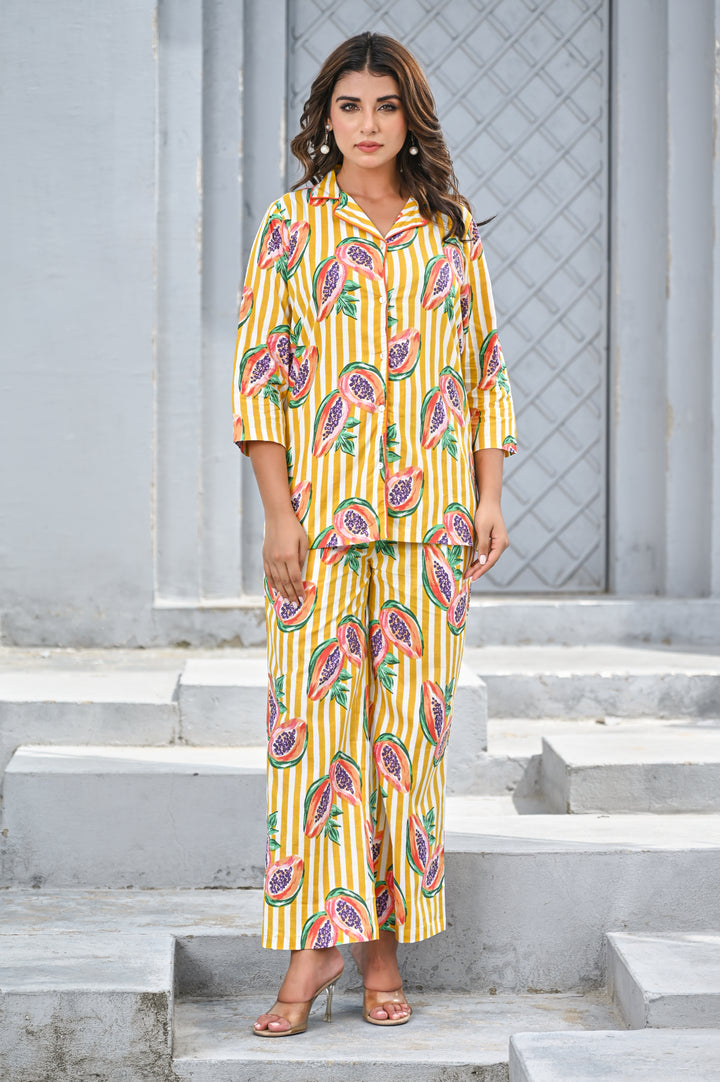 Women’s Yellow & White Stripe Papaya Print Co-ord Set