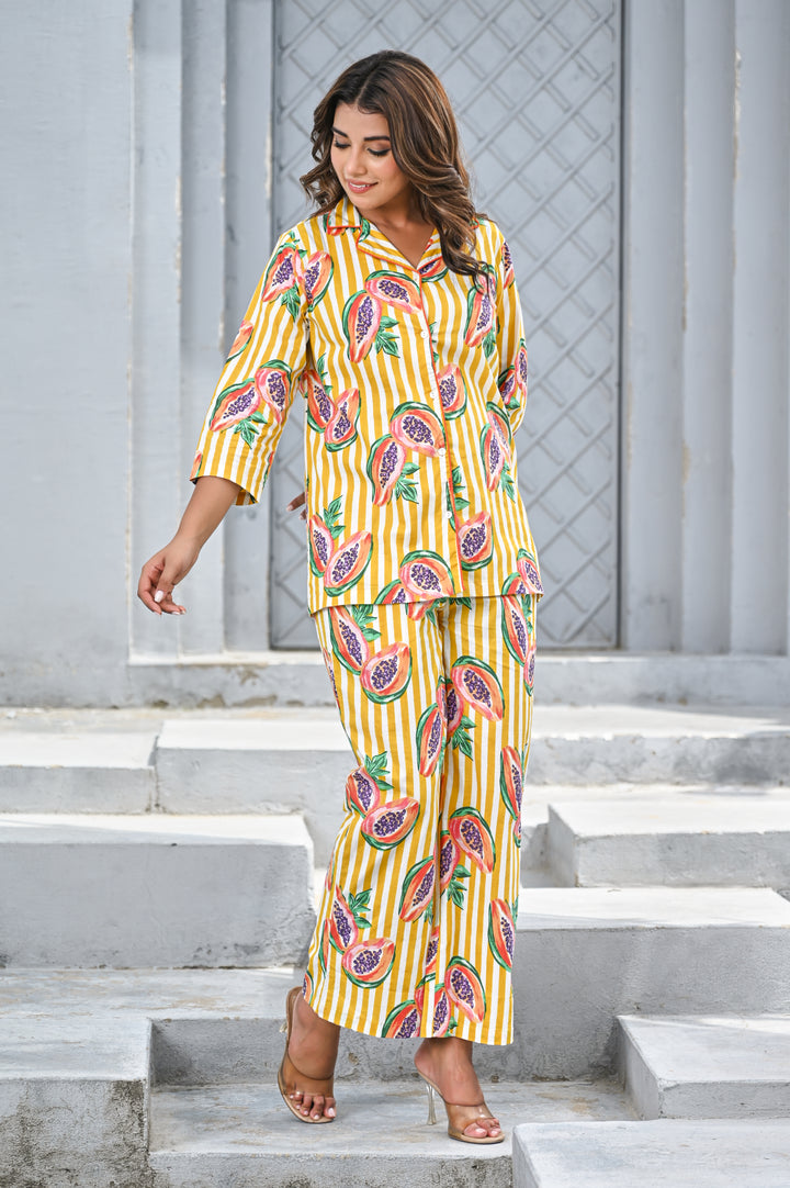 Women’s Yellow & White Stripe Papaya Print Co-ord Set