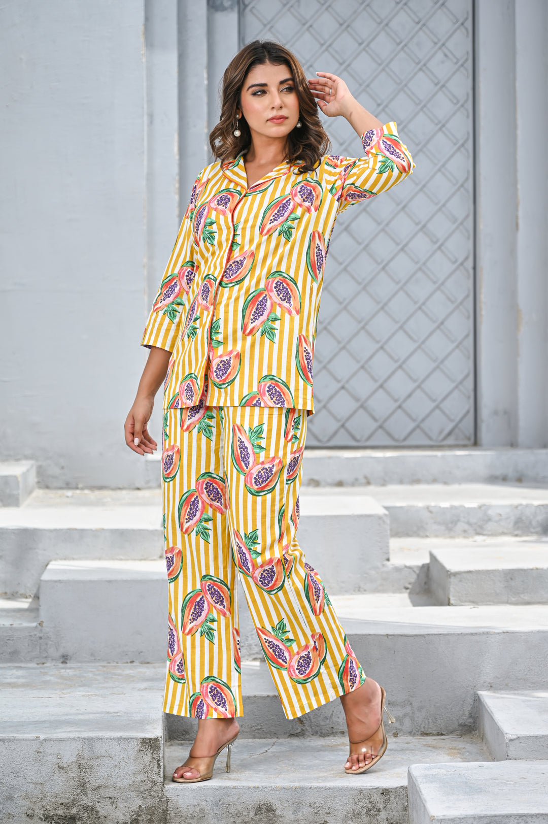 Women’s Yellow & White Stripe Papaya Print Co-ord Set