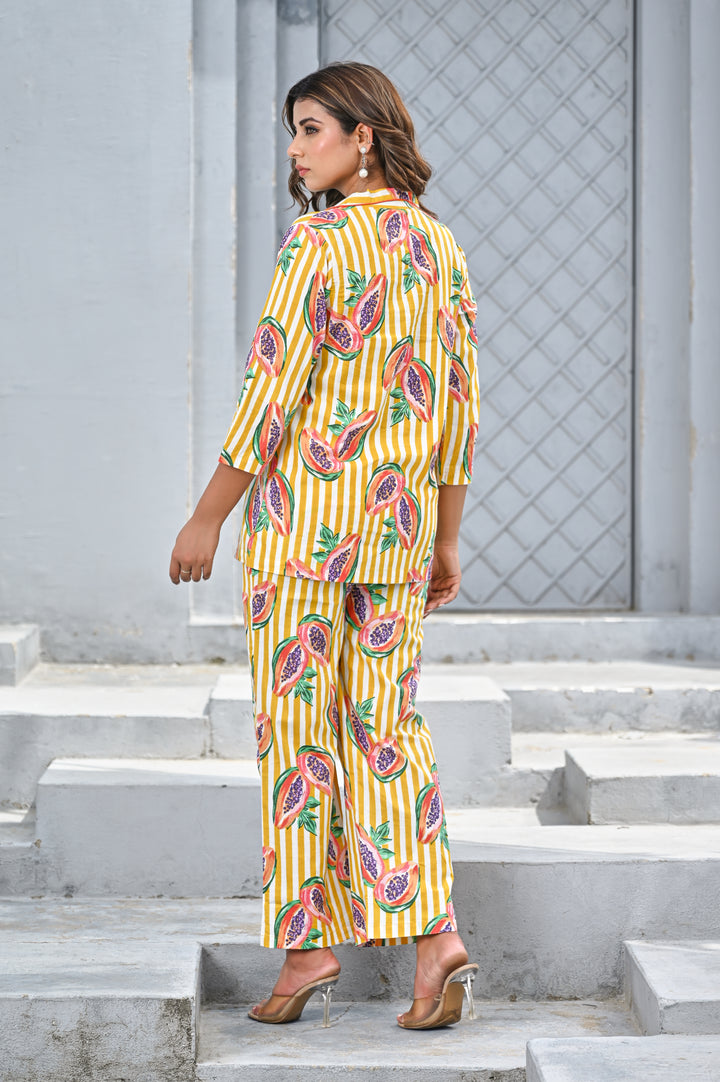 Women’s Yellow & White Stripe Papaya Print Co-ord Set
