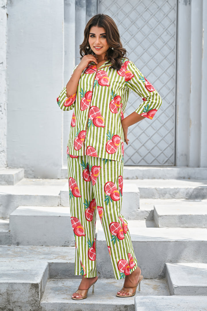 Women’s Green & Pink Pomegranate Print Co-ord Set