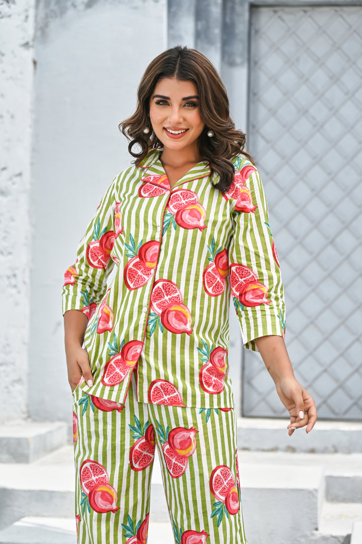 Women’s Green & Pink Pomegranate Print Co-ord Set