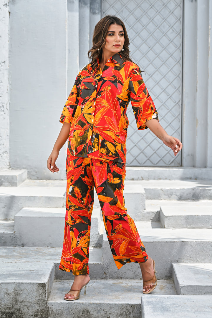 Women’s Tropical Orange & Red Leaf Print Co-ord Set