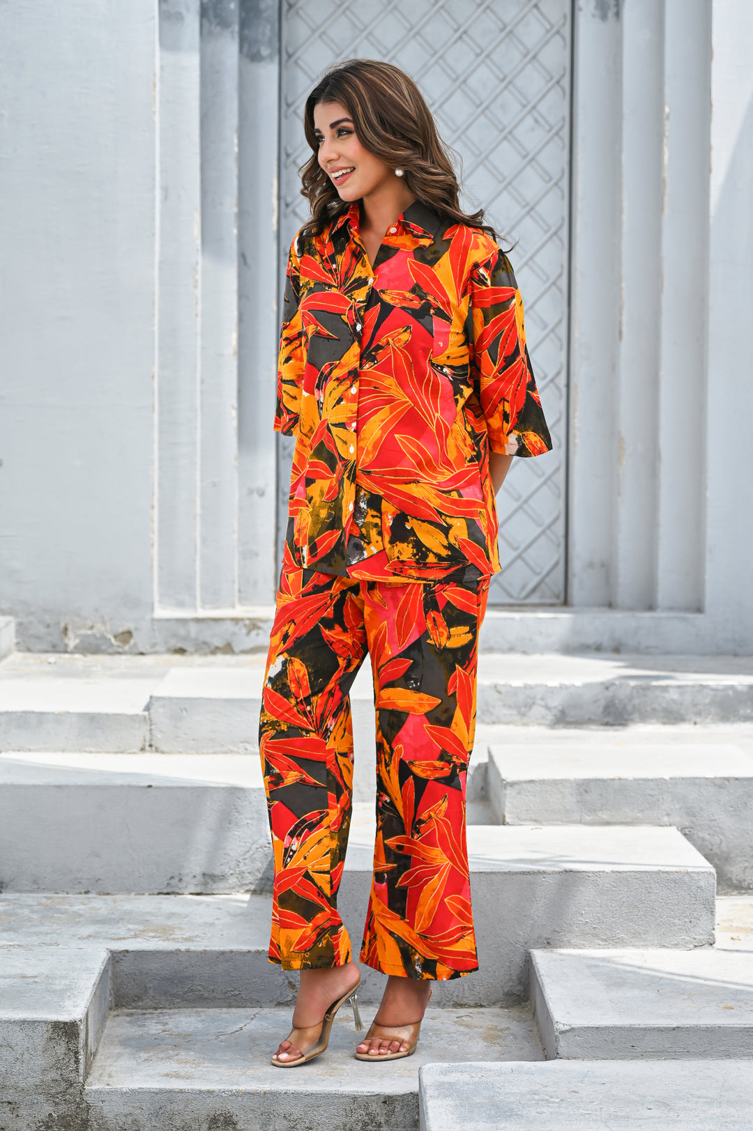 Women’s Tropical Orange & Red Leaf Print Co-ord Set