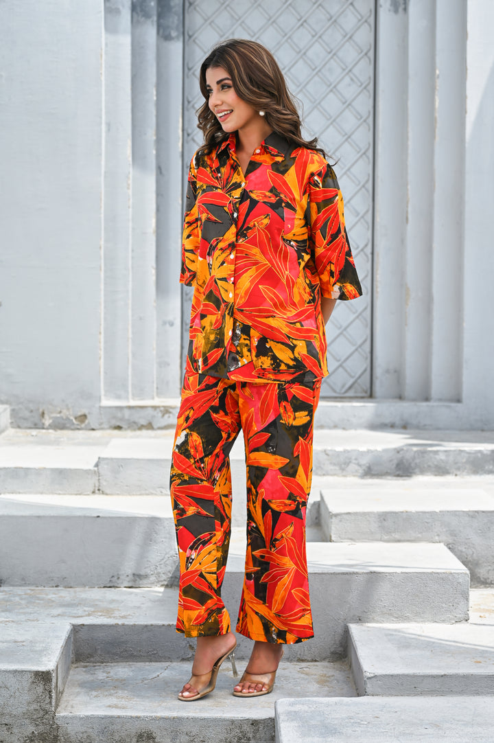 Women’s Tropical Orange & Red Leaf Print Co-ord Set
