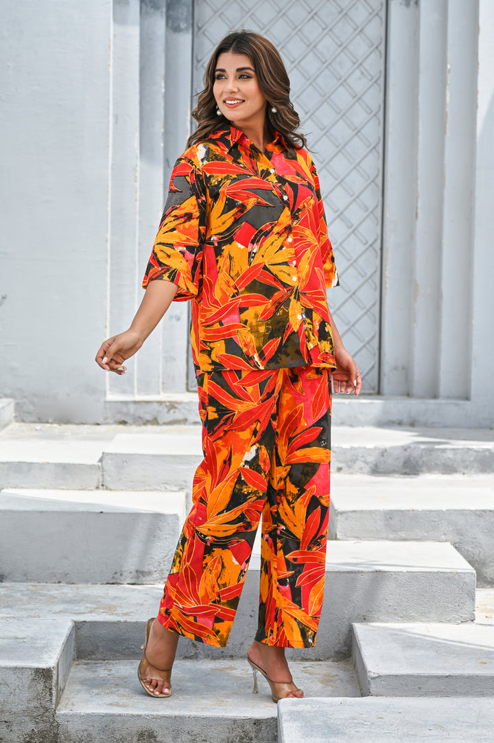Women’s Tropical Orange & Red Leaf Print Co-ord Set